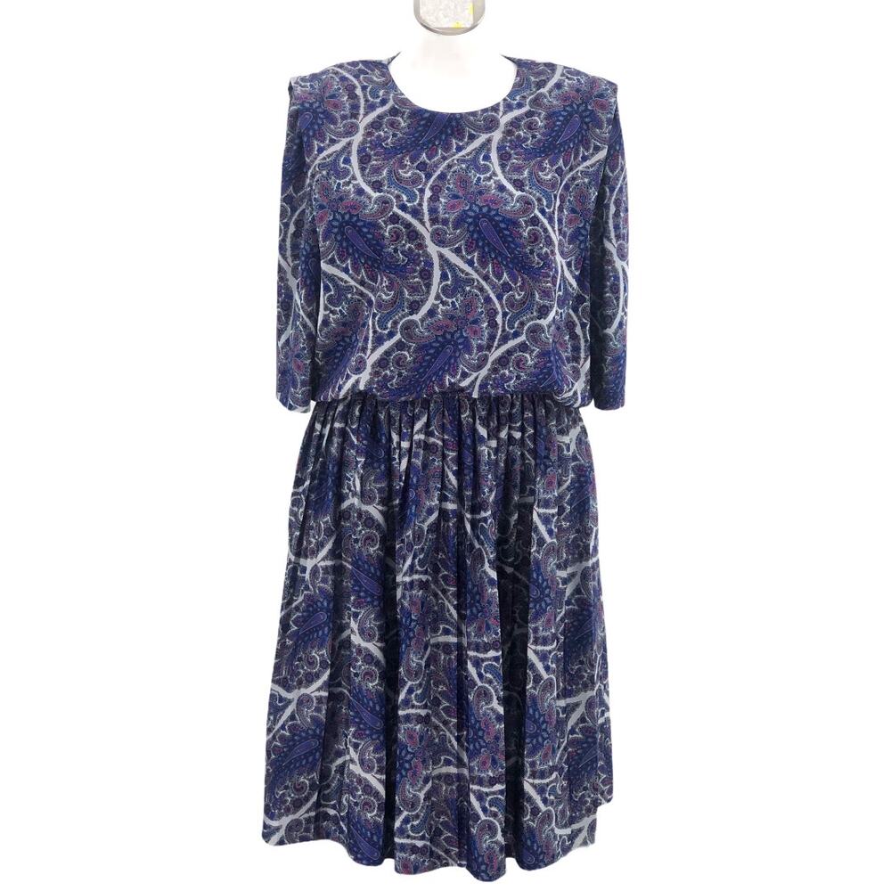 American VINTAGE Size 16 Petite Blue Paisley Pleated 1/2 Length Sleeve Dress